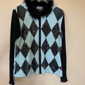 Berek 2 Size Large Black Sequin Diamonds Teal Blue Zip Cardigan Fuzzy Collar